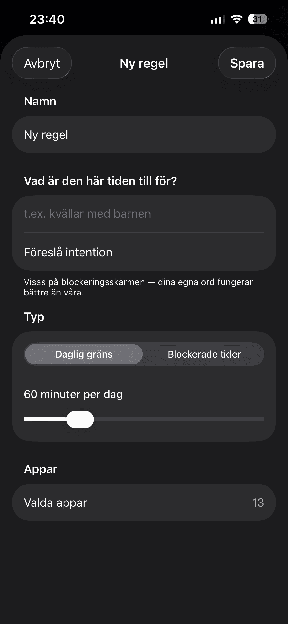 haegr skärmtidsstatistik med daglig fokusprogress